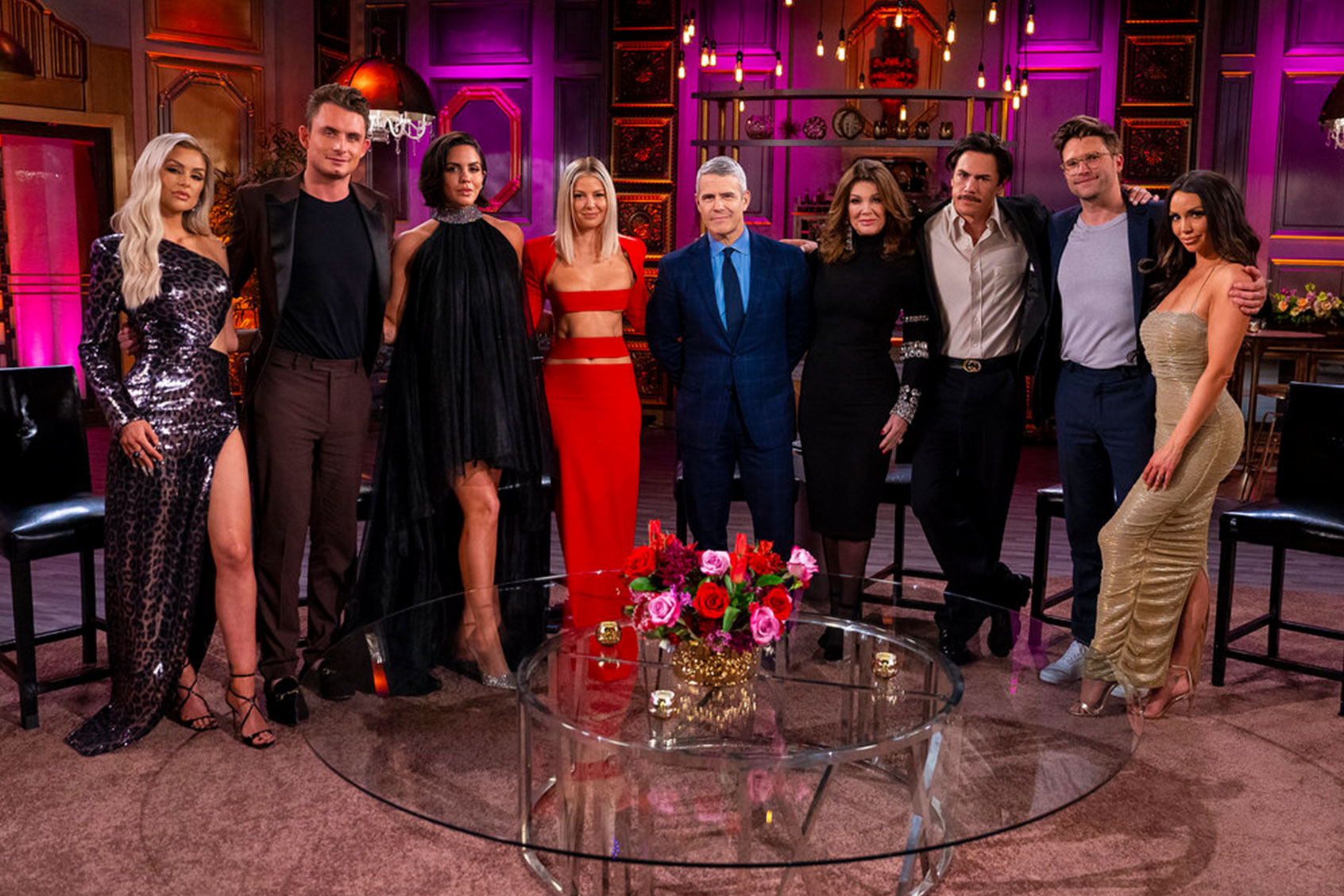 Lala Kent, James Kennedy, Katie Maloney, Ariana Madix, Andy Cohen, Lisa Vanderpump, Tom Sandoval, Tom Schwartz and Scheana Shay of "Vanderpump Rules" (Nicole Weingart/Bravo)