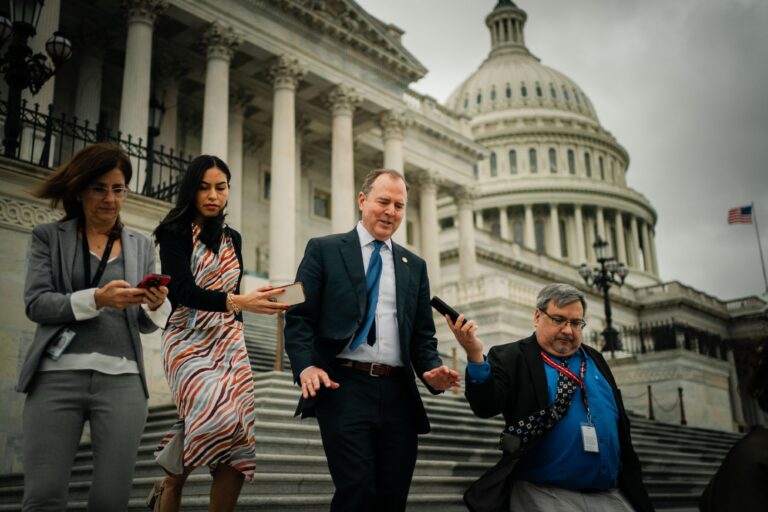 Rep. Adam Schiff (D-CA) talks with reporters as he walks down the steps of the House of Representatives at the U.S. Capitol on Wednesday, June 21, 2023 in Washington, DC. (Kent Nishimura / Los Angeles Times via Getty Images)