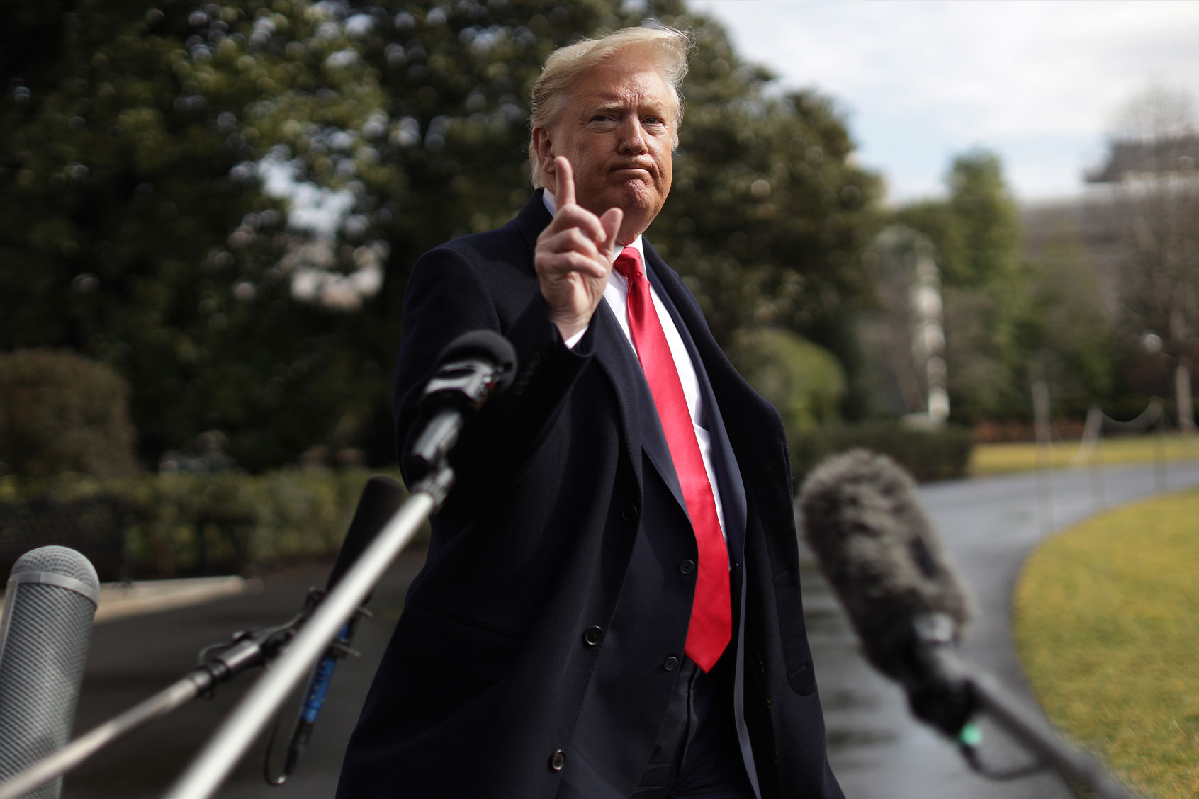 U.S. President Donald Trump speaks to members of the media prior to his Marine One departure from the White House February 7, 2020 in Washington, DC. (Alex Wong/Getty Images)