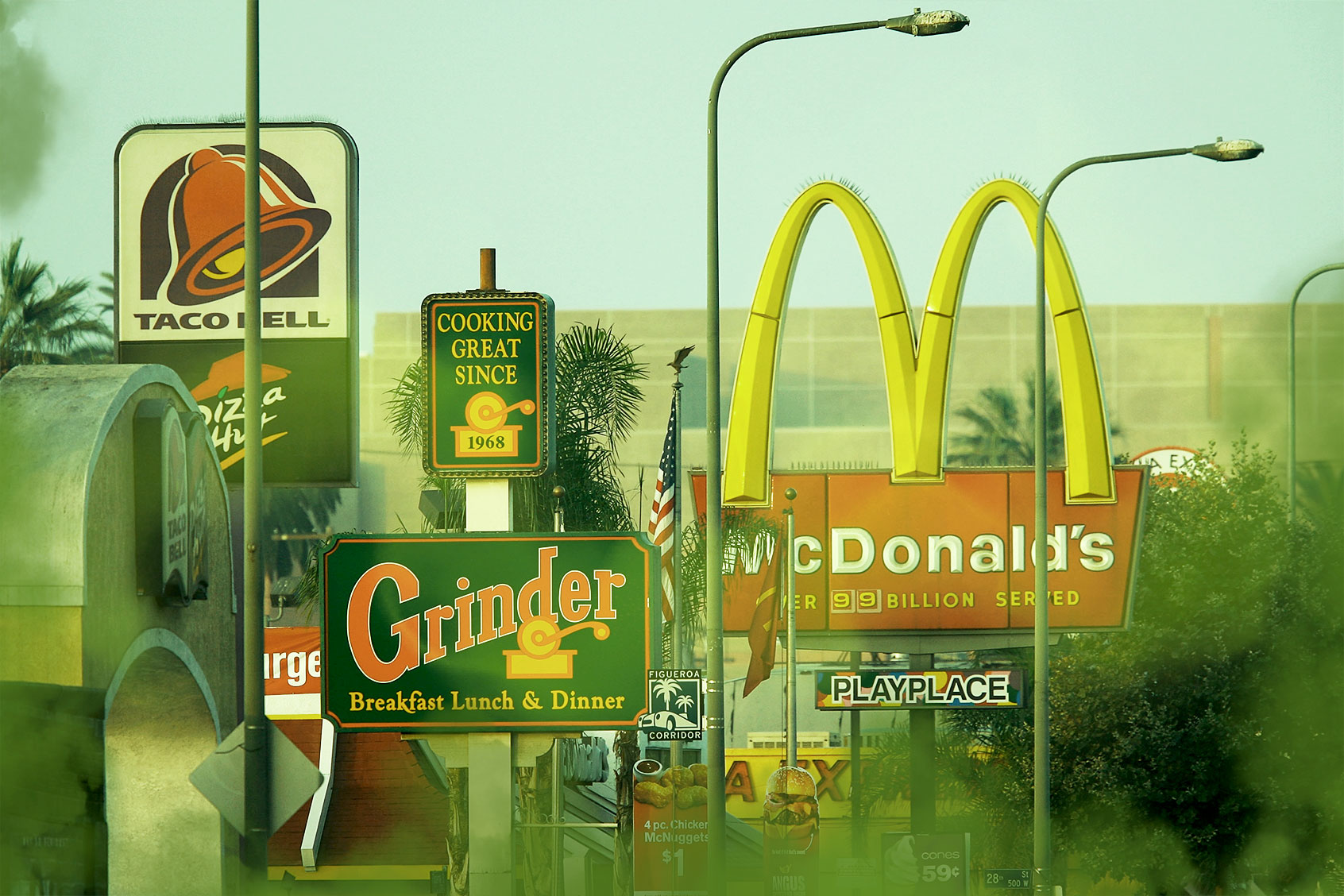 Signs for Taco Bell, Grinder, McDonalds, Panda Express fast-food restaurant line the streets in the Figueroa Corridor area of South Los Angeles on July 24, 2008, Los Angeles, California. (Photo illustration by Salon/David McNew/Getty Images)