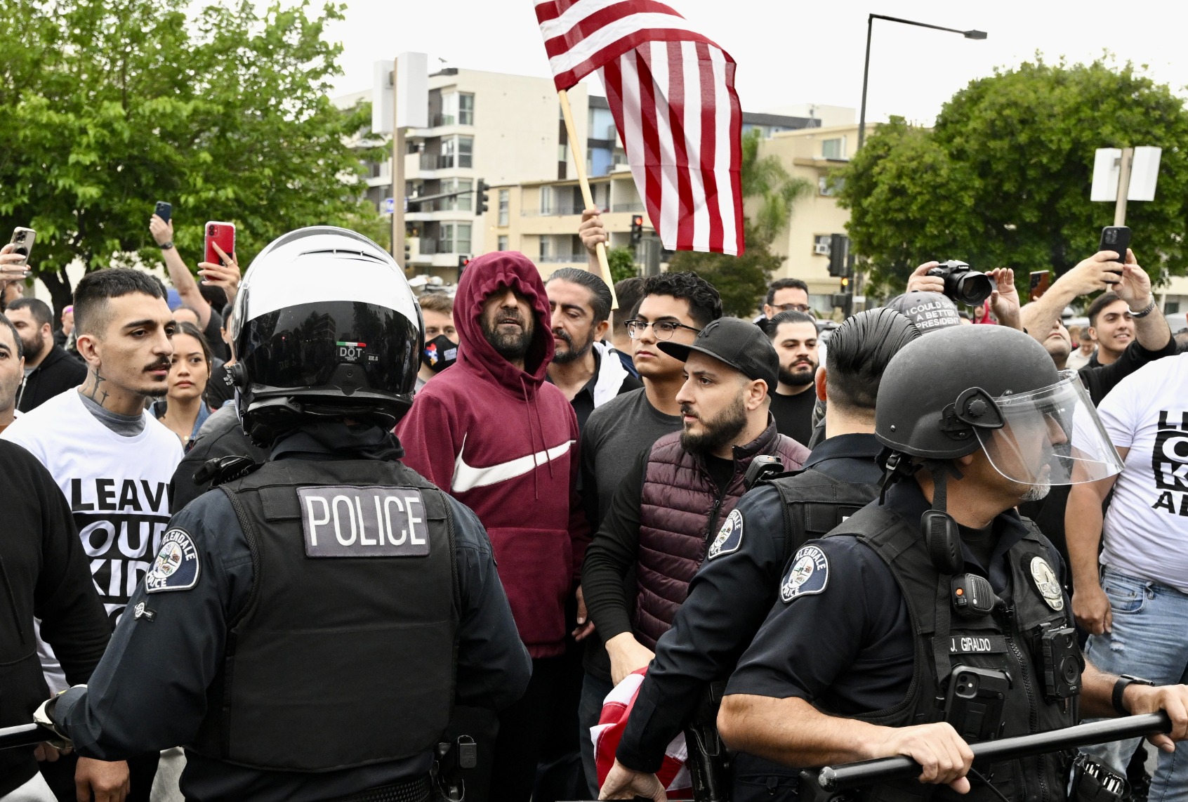 Conservative groups and LGBTQ clash as they protest for and against how gender and sexuality identity should be taught to children, and protected in schools during a school board building at the Glendale Unified School District offices in Glendale on Tuesday, June 6, 2023. (Keith Birmingham/MediaNews Group/Pasadena Star-News via Getty Images)