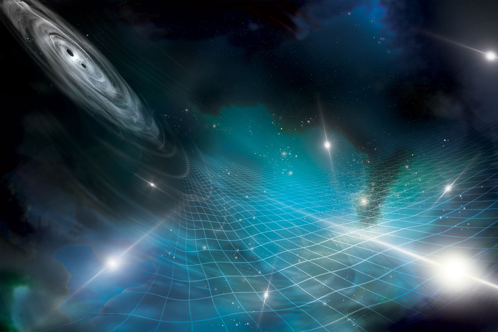 In this artist’s interpretation, a pair of supermassive black holes (top left) emits gravitational waves that ripple through the fabric of space-time. (Photo courtesy of Aurore Simonnet for the NANOGrav Collaboration)