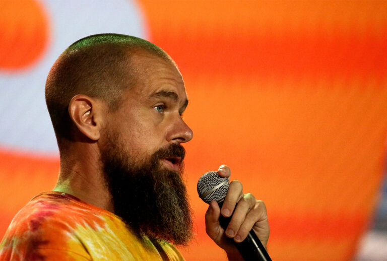 Jack Dorsey speaks during the crypto-currency conference Bitcoin 2021 Convention on June 4, 2021. (MARCO BELLO/AFP via Getty Images)
