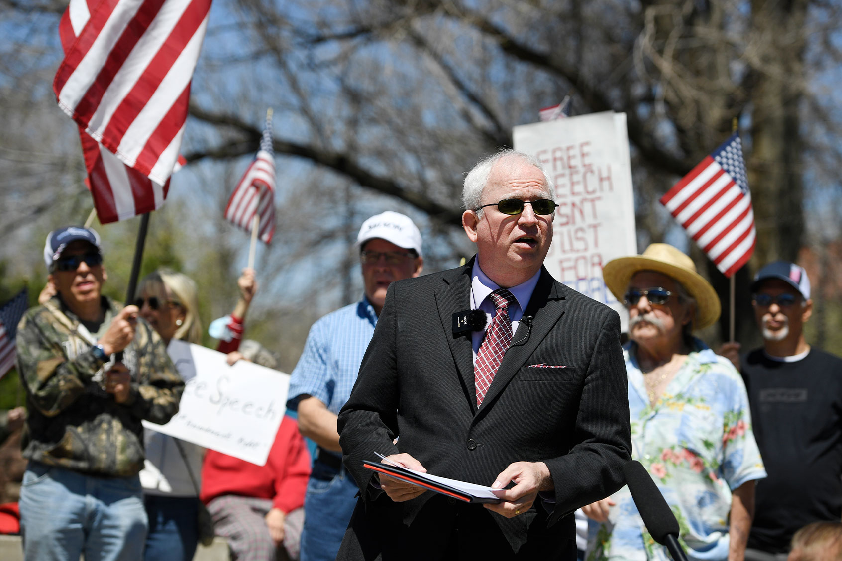 John Eastman, the University of Colorado Boulders visiting scholar of conservative thought and policy, speaks about his plans to sue the university at a news conference outside of CU Boulder on Thursday, April 29, 2021. CU relieved Eastman of his public duties after he spoke at President Donald Trump's rally preceding the Capitol insurrection on Jan. 6. (Andy Cross/MediaNews Group/The Denver Post via Getty Images)