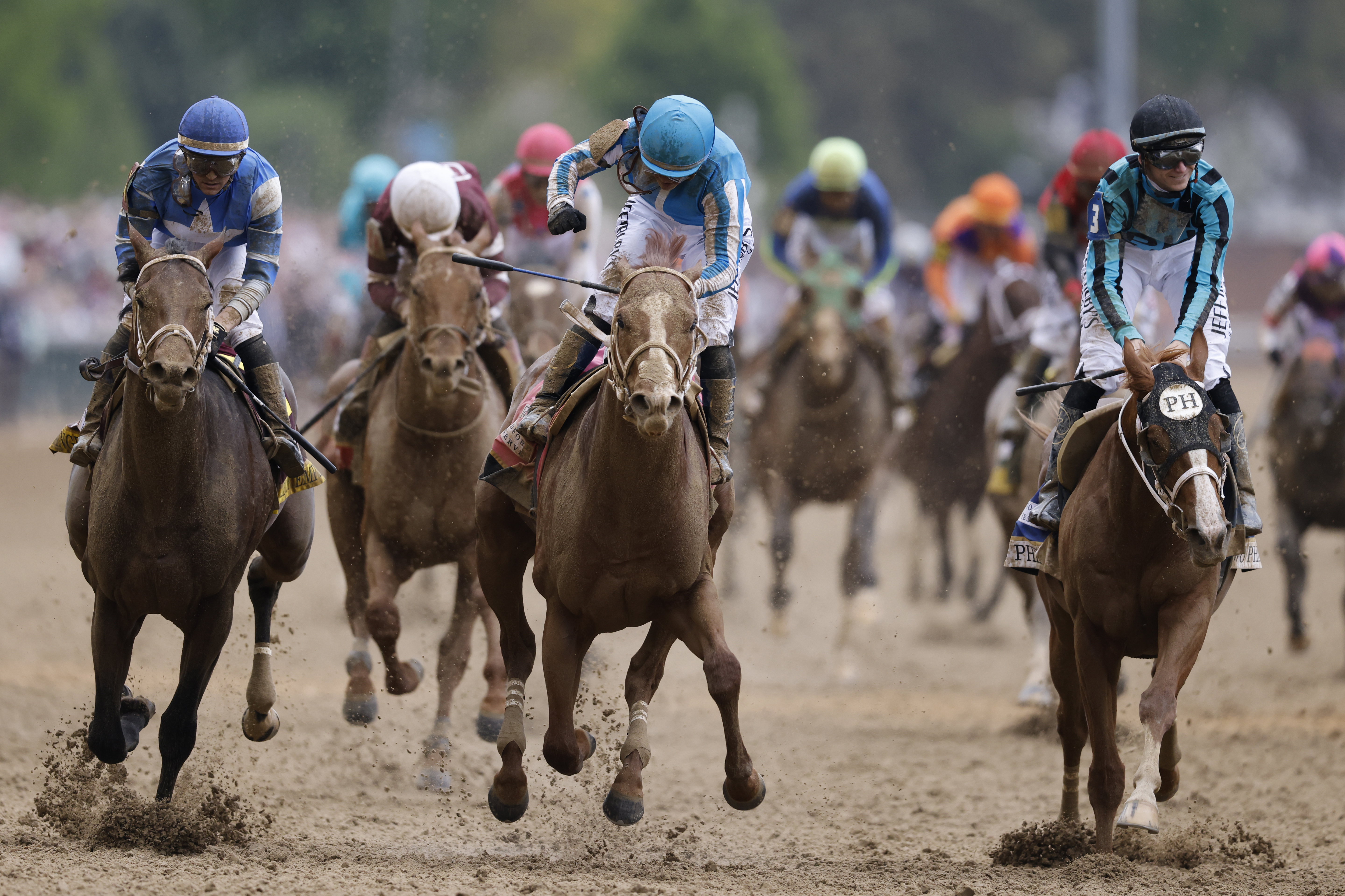Jockey Javier Castellano rides Mage #8 to a win in the 149th running of the Kentucky Derby at Churchill Downs on May 06, 2023 in Louisville, Kentucky. 