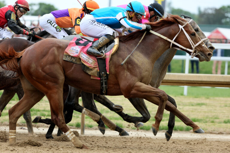 Mage #8, ridden by jockey Javier Castellano races during the 149th running of the Kentucky Derby at Churchill Downs on May 06, 2023 in Louisville, Kentucky. (Andy Lyons/Getty Images)