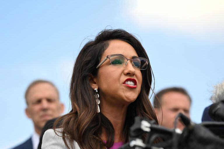 US Representative Lauren Boebert (R-CO), joined by members of the House Freedom Caucus, speaks on the debt limit deal outside the US Capitol in Washington, DC, on May 30, 2023. (MANDEL NGAN/AFP via Getty Images)
