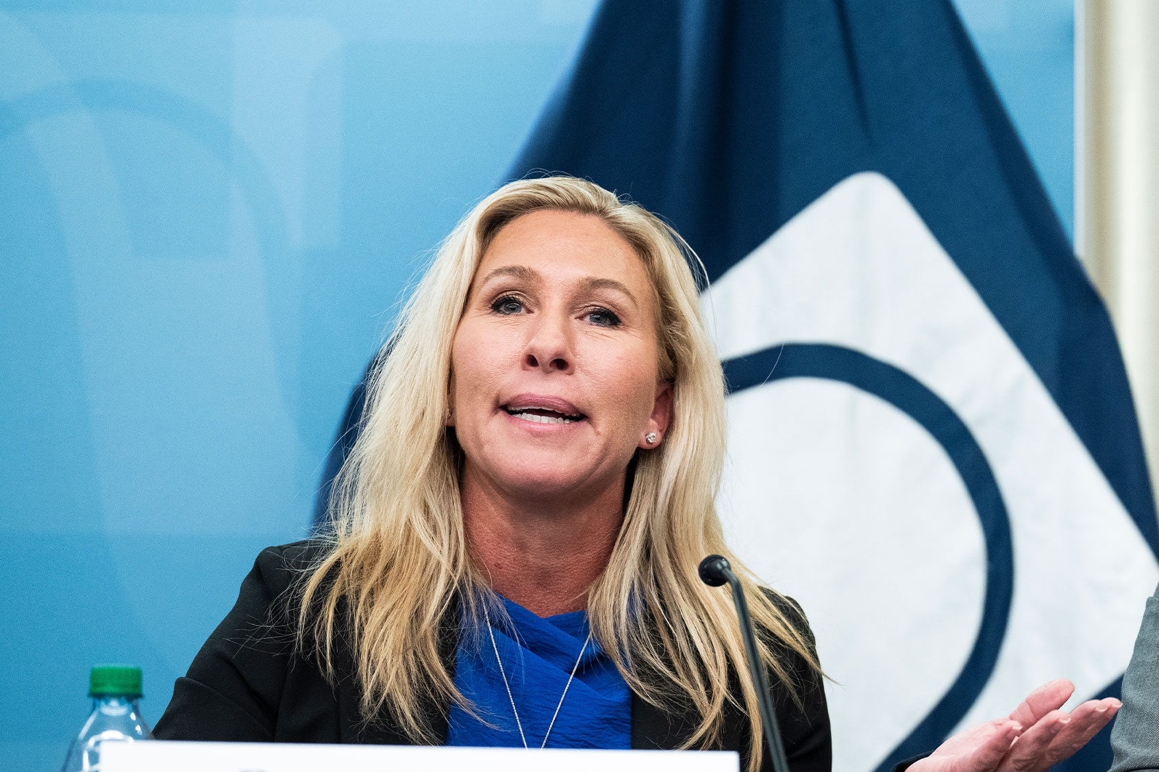 Marjorie Taylor Greene, R-Ga. attends a roundtable discussion with members of the House Freedom Caucus at The Heritage Foundation on Thursday, November 10, 2022. (Tom Williams/CQ-Roll Call, Inc via Getty Images)