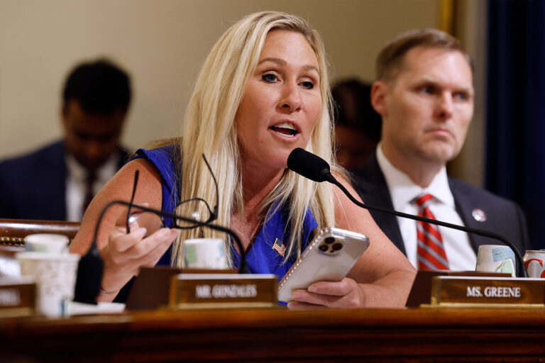 Rep. Marjorie Taylor Greene (R-GA) questions witnesses about the CBP One app during a hearing of the House Homeland Security Subcommittee on Border Security and Enforcement in the Cannon House Office Building on Capitol Hill on June 06, 2023 in Washington, DC. (Chip Somodevilla/Getty Images)