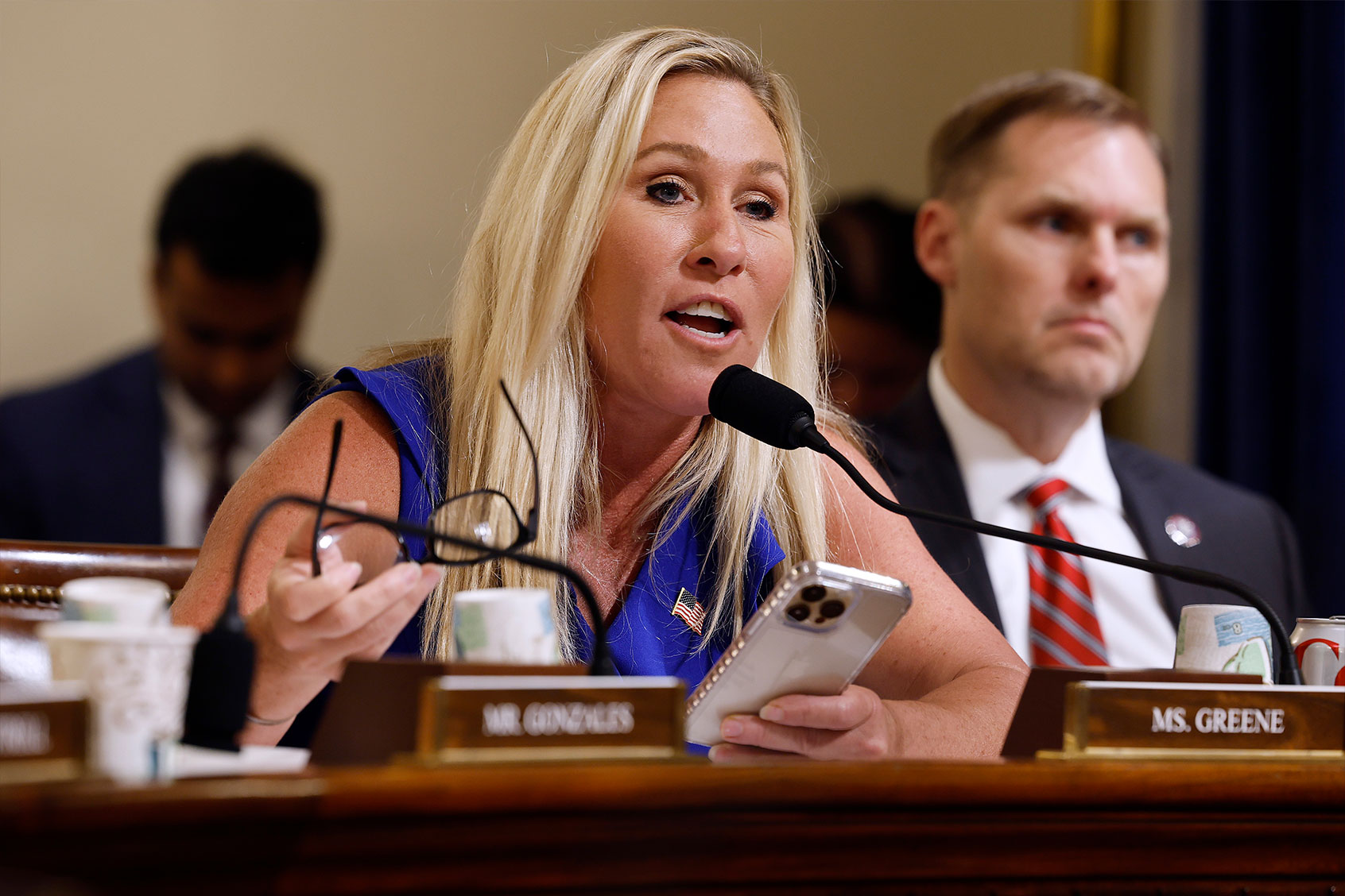 Rep. Marjorie Taylor Greene (R-GA) questions witnesses about the CBP One app during a hearing of the House Homeland Security Subcommittee on Border Security and Enforcement in the Cannon House Office Building on Capitol Hill on June 06, 2023 in Washington, DC. (Chip Somodevilla/Getty Images)