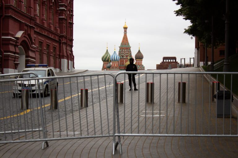 A policeman stands on guard at the closed Red Square in Moscow. (Vlad Karkov/SOPA Images/LightRocket via Getty Images)