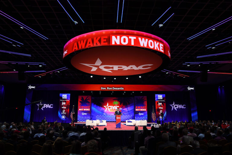 Florida Republican Governor Ron DeSantis addresses attendees on day one of the 2022 Conservative Political Action Conference (CPAC) in Orlando. (Paul Hennessy/SOPA Images/LightRocket via Getty Images)
