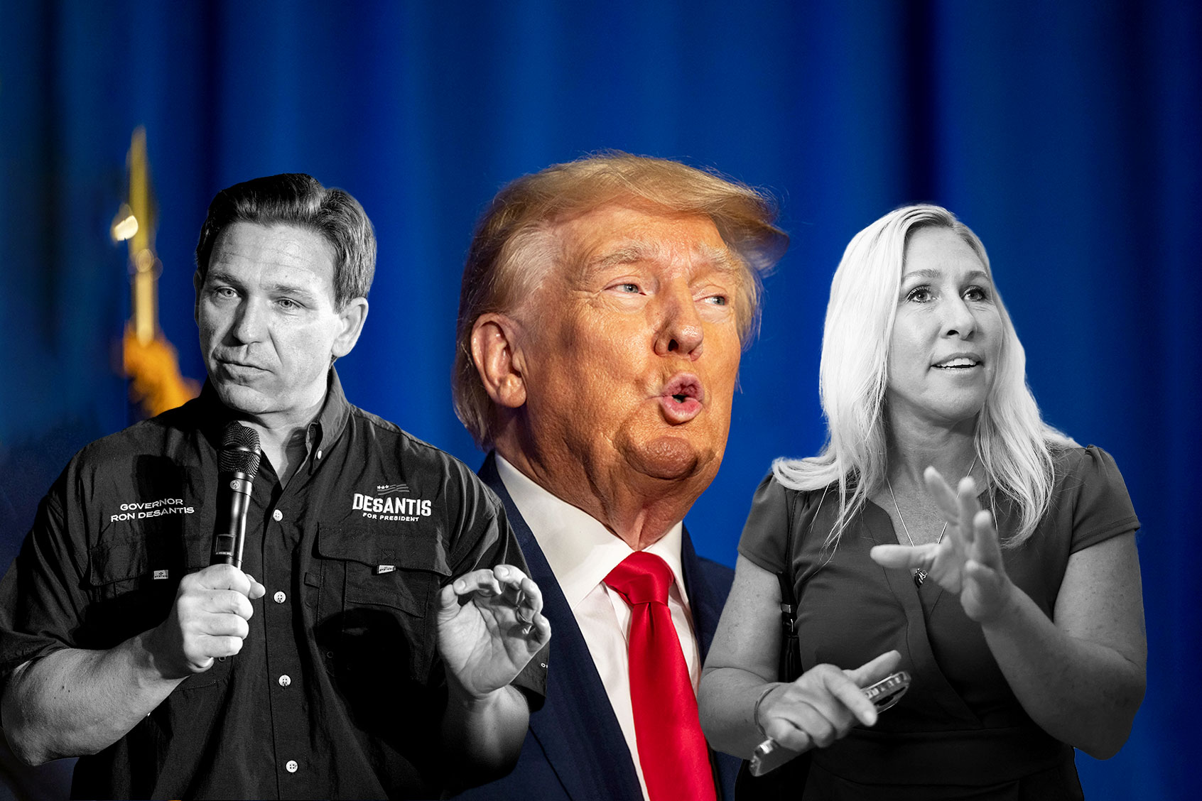 Ron DeSantis, Donald Trump and Marjorie Taylor Greene (Photo illustration by Salon/Getty Images)