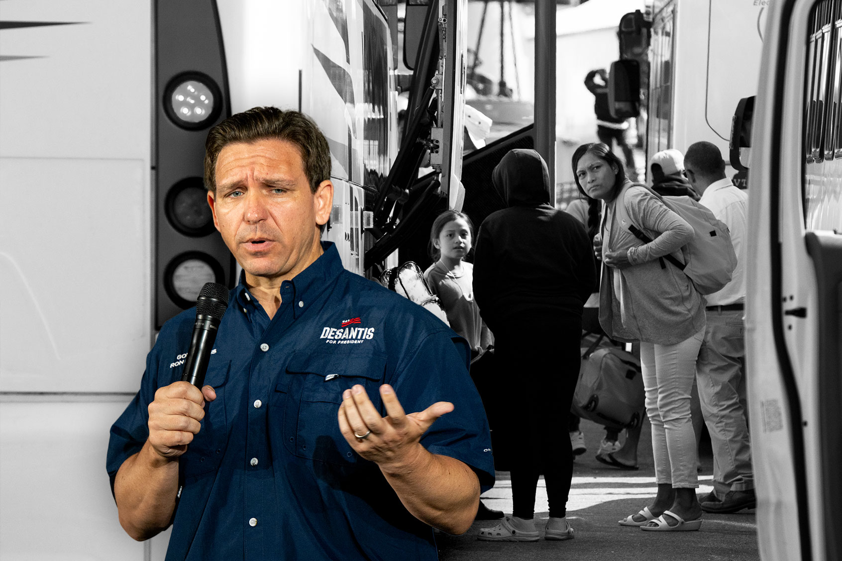 Florida Gov. Ron DeSantis | Venezuelan migrants gather at the Vineyard Haven ferry terminal (Photo illustration by Salon/Getty Images)