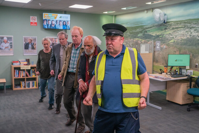 Robert Carlyle as Gaz, Miles Jupp as Darren, Paul Barber as Horse and Mark Addy as Dave in "The Full Monty" (Ben Blackall/FX)