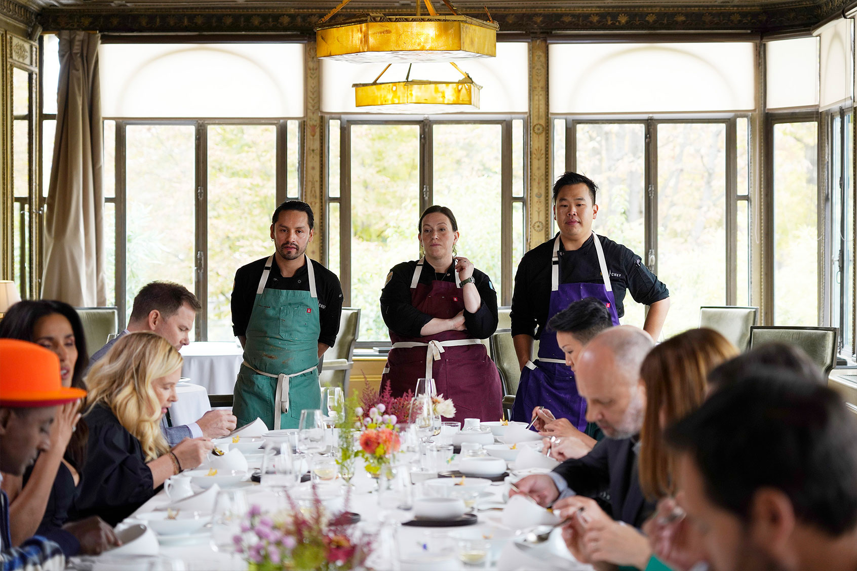Marcus Samuelsson, Padma Lakshmi, Hélène Darroze, Hunter Lewis, Gabriel Rodriguez, Sara Bradley, Buddha Lo, May Show and Simon Rogan in "Top Chef" (Fred Jagueneau/Bravo)