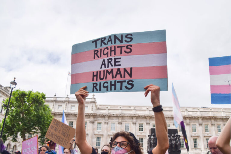 A protester holds a placard with the colours of the trans pride flag in support of a trans rights during the demonstration. (Vuk Valcic/SOPA Images/LightRocket via Getty Images)