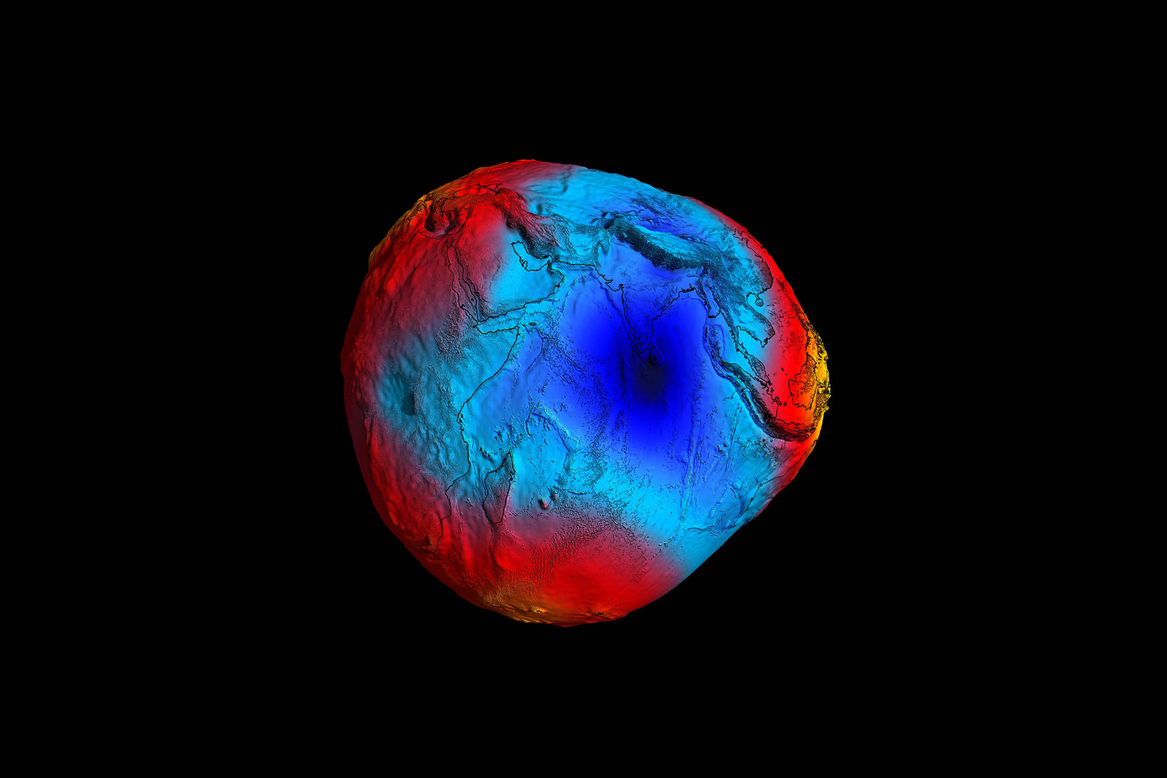 The 2011 GOCE model of the Earth's geoid. The colors in the image represent deviations in height (–100 m to +100 m) from an ideal geoid. (European Space Agency/HPF/DLR)