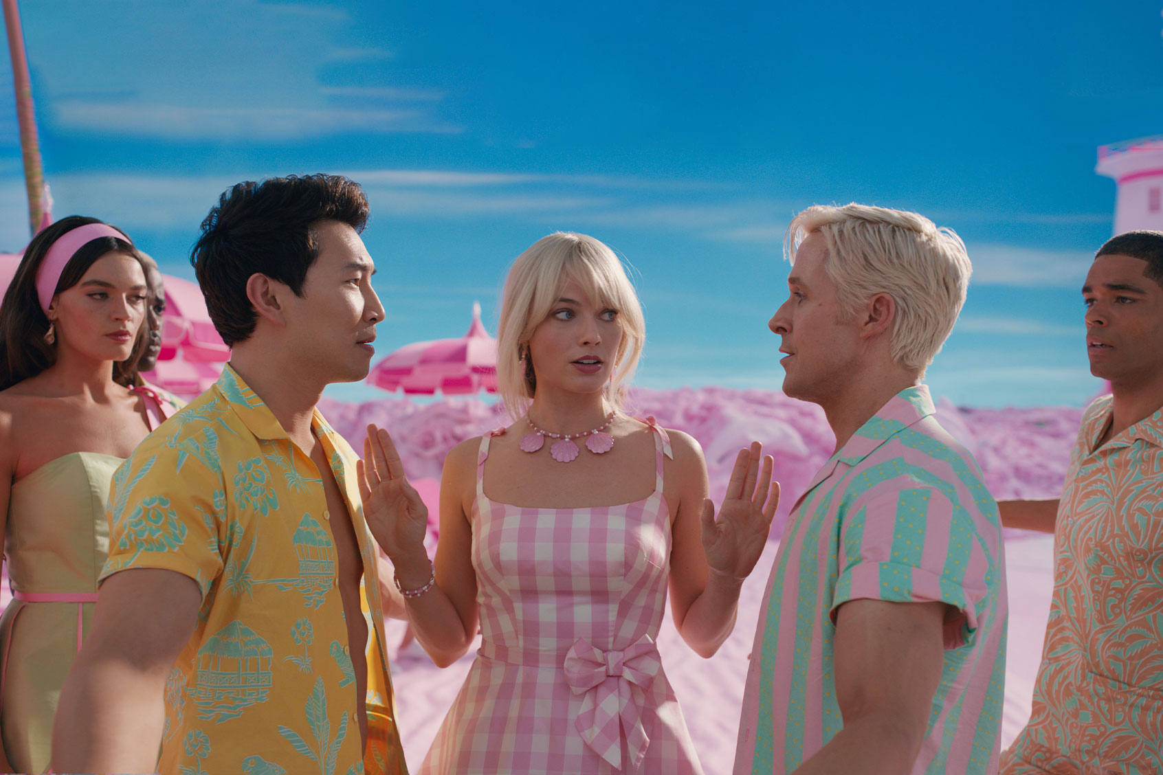 Emma Mackey as Barbie, Simu Liu as Ken, Margot Robbie as Barbie, Ryan Gosling as Ken and Kingsley Ben-Adir as Ken in "Barbie" (Courtesy of Warner Bros. Pictures)