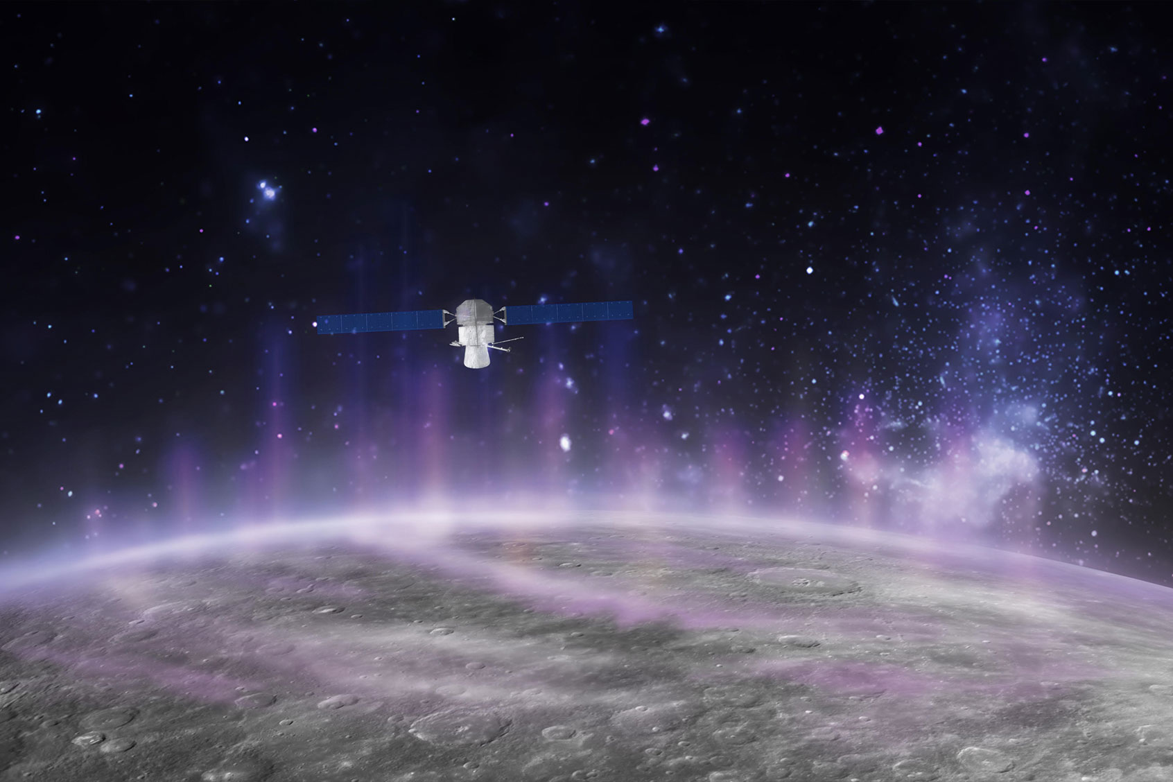 Artist's representation of the ESA/JAXA BepiColombo mission flying through precipitating electrons that can trigger X-ray auroras on the surface of Mercury. (Thibaut Roger/Europlanet)