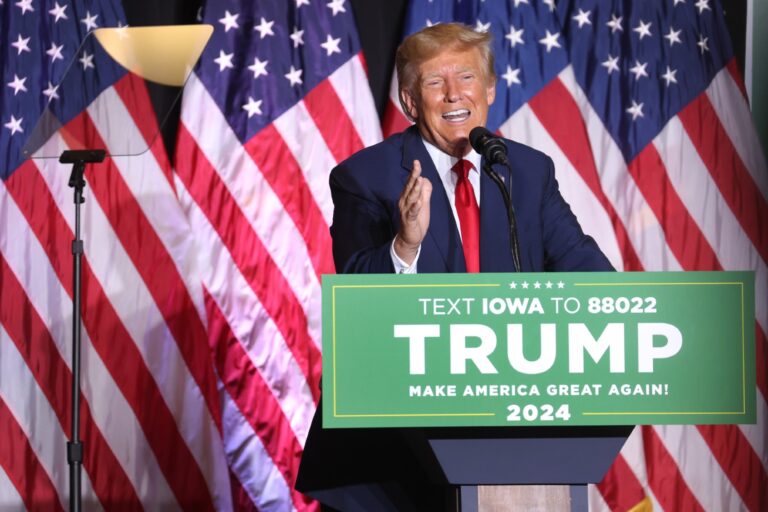 Former U.S. President Donald Trump speaks to supporters during a Farmers for Trump campaign event at the MidAmerica Center on July 07, 2023 in Council Bluffs, Iowa. (Scott Olson/Getty Images)