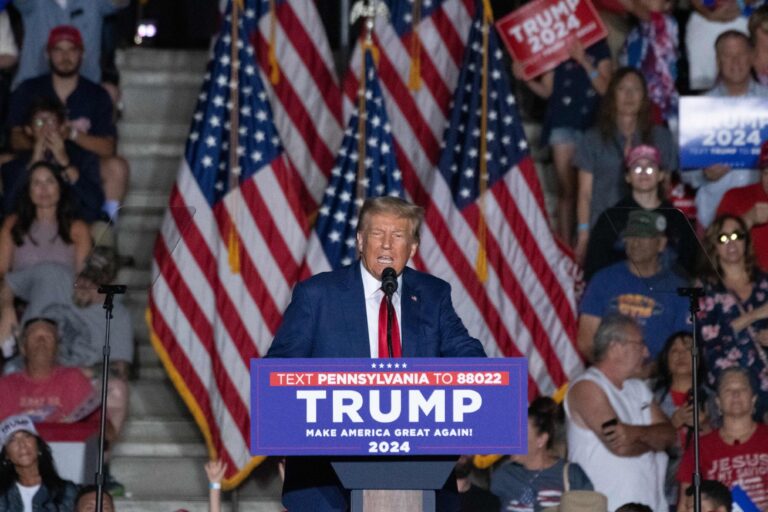 Former US President and 2024 presidential hopeful Donald Trump speaks during a campaign rally in Erie, Pennsylvania, on July 29, 2023. (JOED VIERA/AFP via Getty Images)