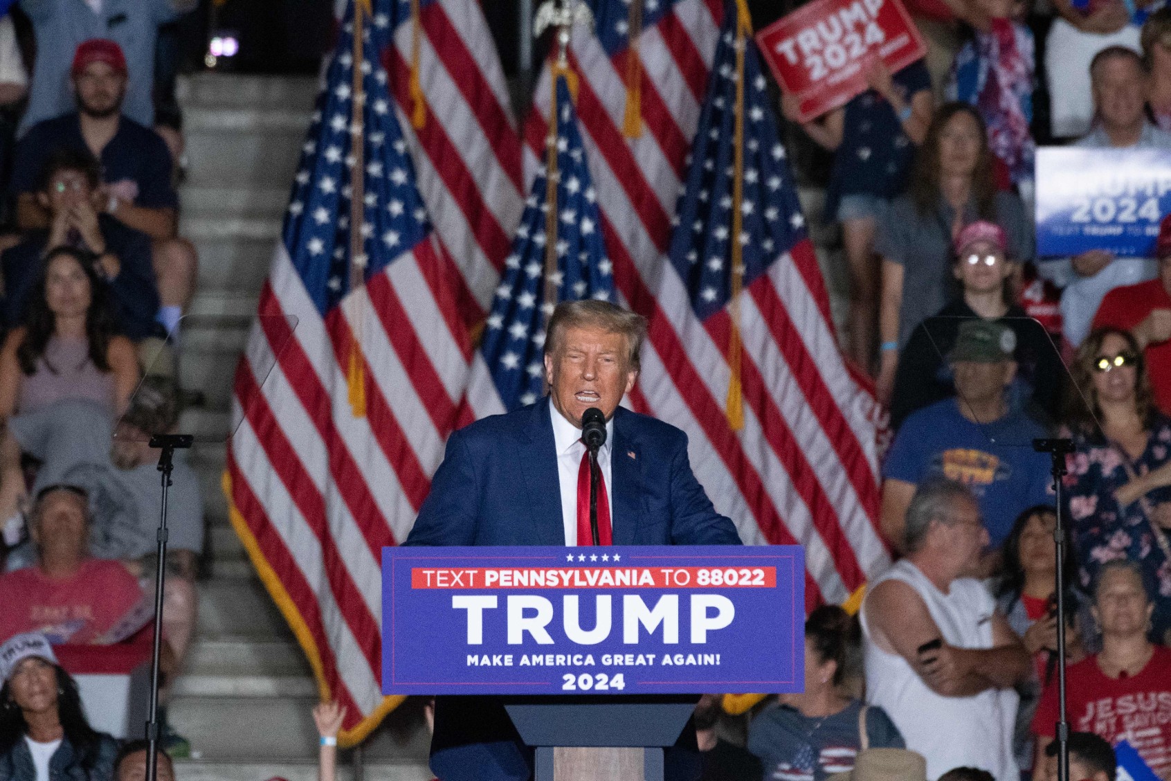 Former US President and 2024 presidential hopeful Donald Trump speaks during a campaign rally in Erie, Pennsylvania, on July 29, 2023. (JOED VIERA/AFP via Getty Images)