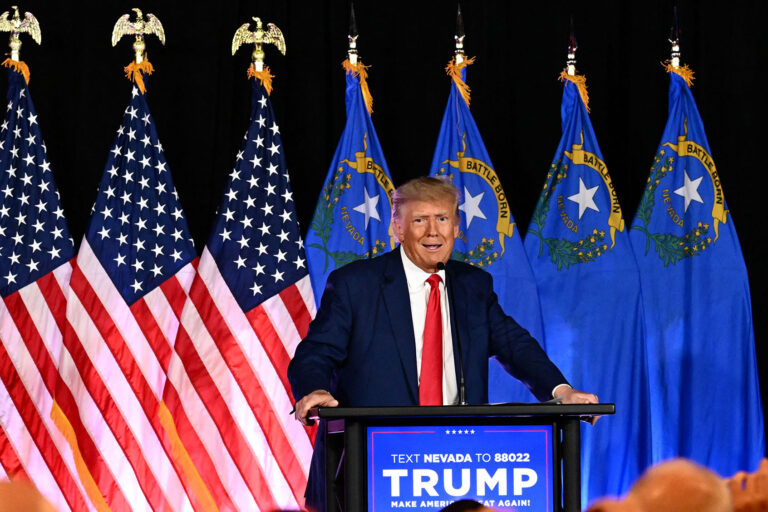 Former US President and 2024 Republican Presidential hopeful Donald Trump speaks at a Republican volunteer recruitment event at Fervent, a Calvary Chapel, in Las Vegas, Nevada, July 8, 2023. (PATRICK T. FALLON/AFP via Getty Images)