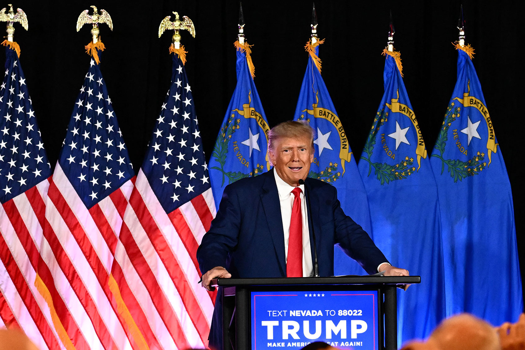 Former US President and 2024 Republican Presidential hopeful Donald Trump speaks at a Republican volunteer recruitment event at Fervent, a Calvary Chapel, in Las Vegas, Nevada, July 8, 2023. (PATRICK T. FALLON/AFP via Getty Images)