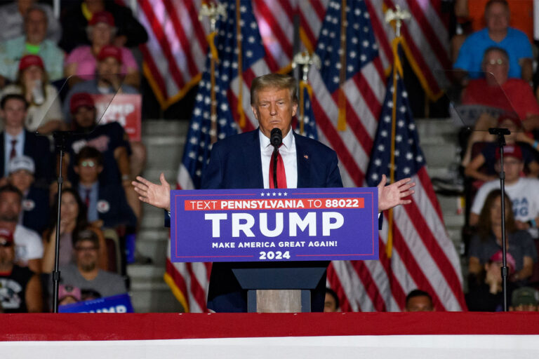 Former U.S. President Donald Trump speaks to supporters during a political rally while campaigning for the GOP nomination in the 2024 election at Erie Insurance Arena on July 29, 2023 in Erie, Pennsylvania. (Jeff Swensen/Getty Images)