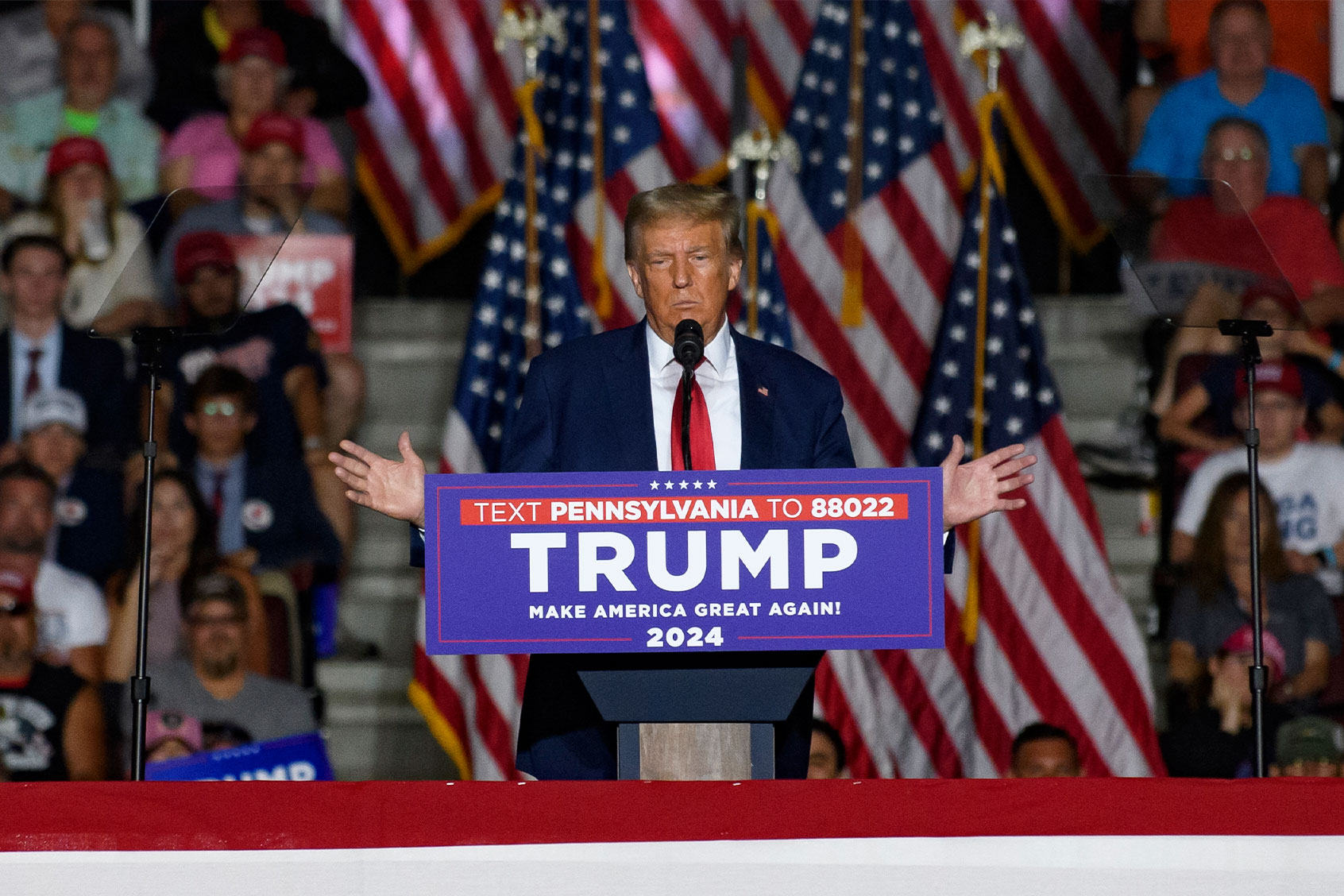 Former U.S. President Donald Trump speaks to supporters during a political rally while campaigning for the GOP nomination in the 2024 election at Erie Insurance Arena on July 29, 2023 in Erie, Pennsylvania. (Jeff Swensen/Getty Images)