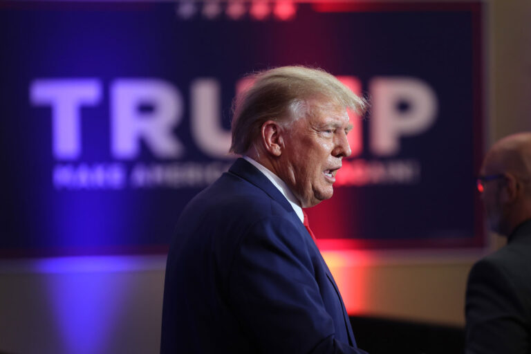Republican presidential candidate former President Donald Trump greets guests at the Republican Party of Iowa 2023 Lincoln Dinner on July 28, 2023 in Des Moines, Iowa. (Scott Olson/Getty Images)