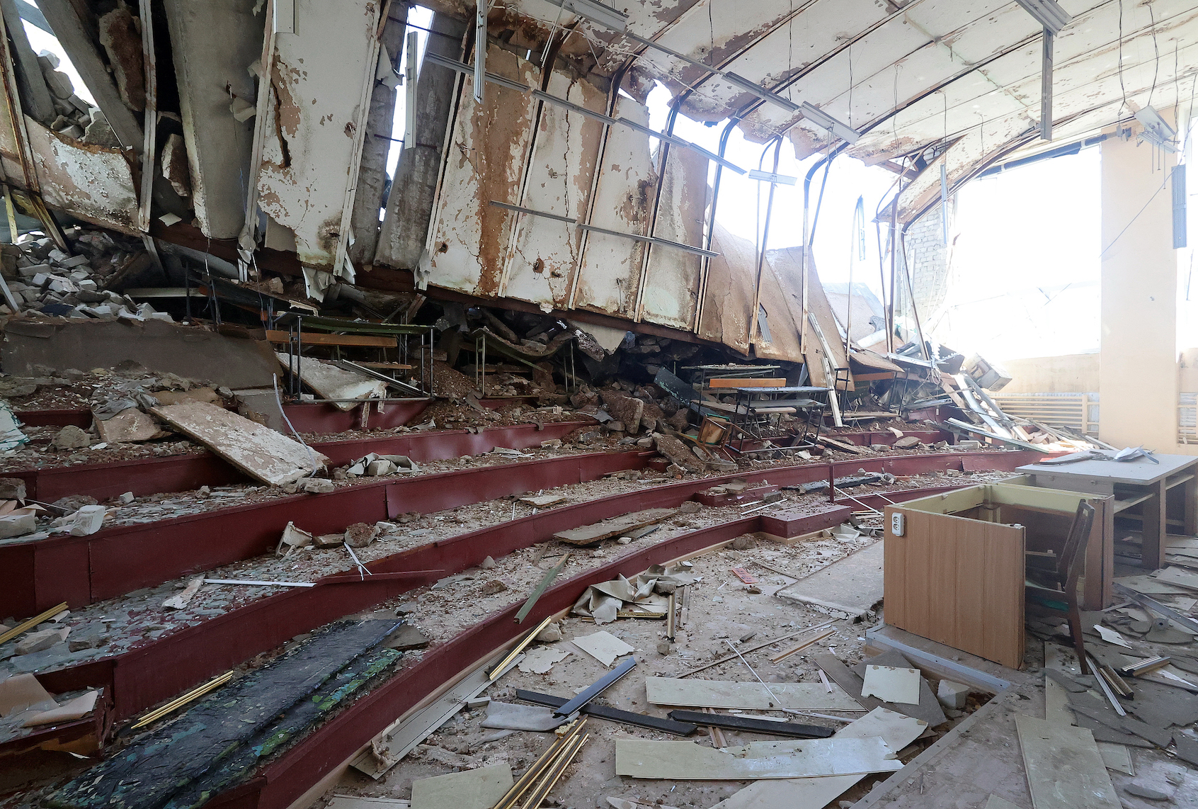 KHARKIV, UKRAINE - MAY 4, 2023 - Destroyed laboratories are pictured in the building of Karazin University's Education and Research Institute "School of Physics and Technology" that was affected by the shelling of Russian troops in the first months of the Russia-Ukraine war, Kharkiv, northeastern Ukraine. (Photo credit should read Vyacheslav Madiyevskyy / Ukrinform/Future Publishing via Getty Images)