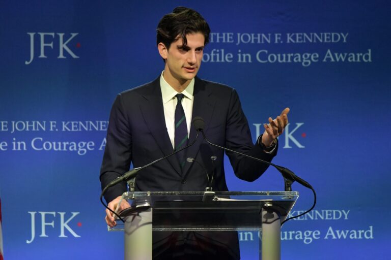 Jack Schlossberg introduces Speaker Nancy Pelosi who received the 2019 Profile in Courage Award at The John F. Kennedy Presidential Library And Museum on May 19, 2019 in Boston, Massachusetts. (Paul Marotta/Getty Images)
