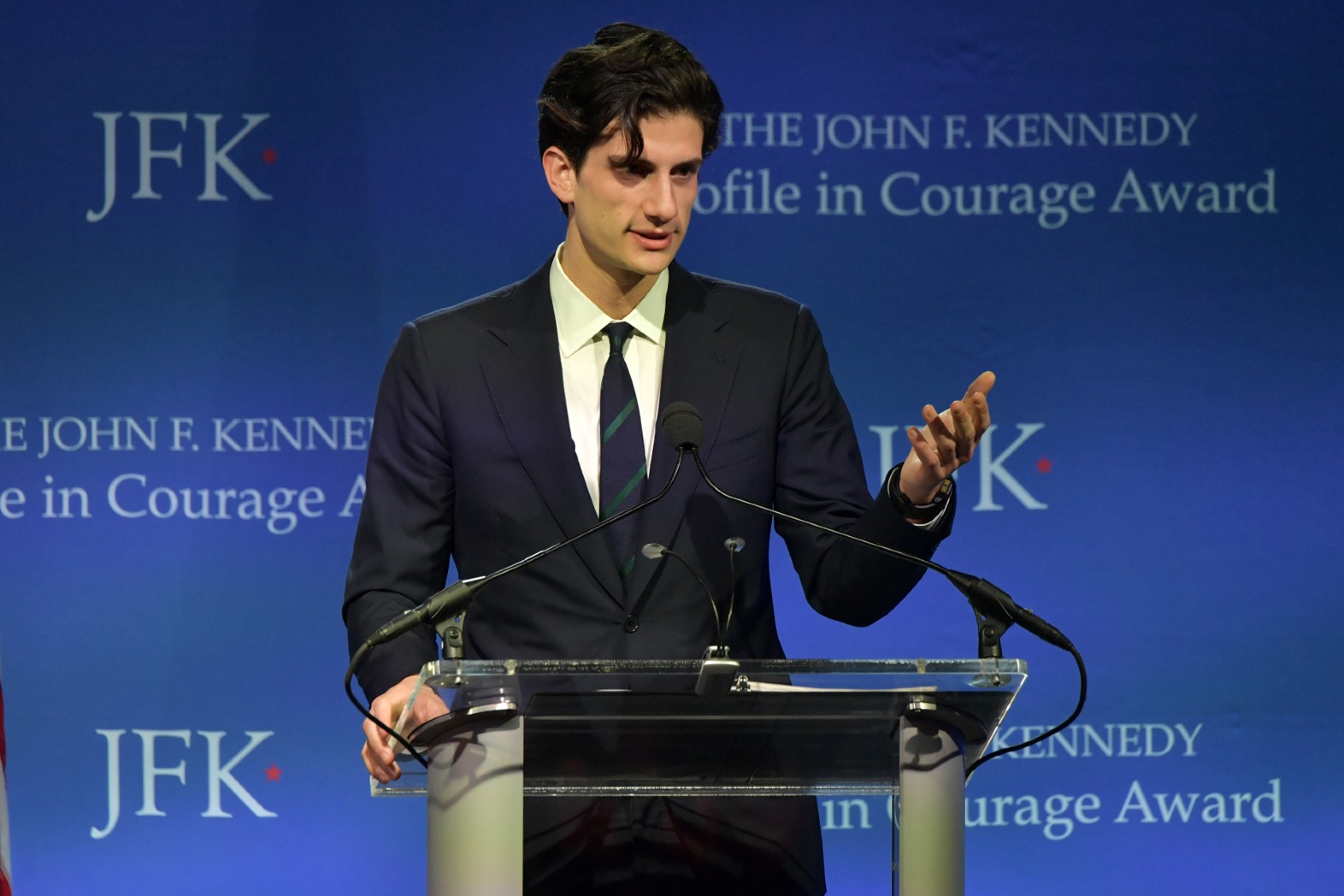 Jack Schlossberg introduces Speaker Nancy Pelosi who received the 2019 Profile in Courage Award at The John F. Kennedy Presidential Library And Museum on May 19, 2019 in Boston, Massachusetts. (Paul Marotta/Getty Images)