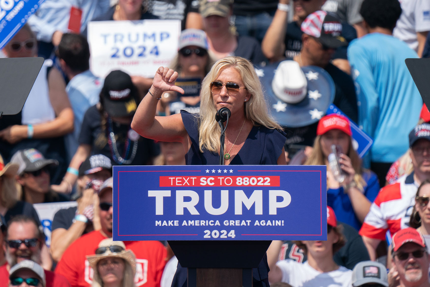 U.S. Rep. Marjorie Taylor Greene (R-GA) speaks to the crowd during a campaign event for former President Donald Trump on July 1, 2023 in Pickens, South Carolina. (Sean Rayford/Getty Images)