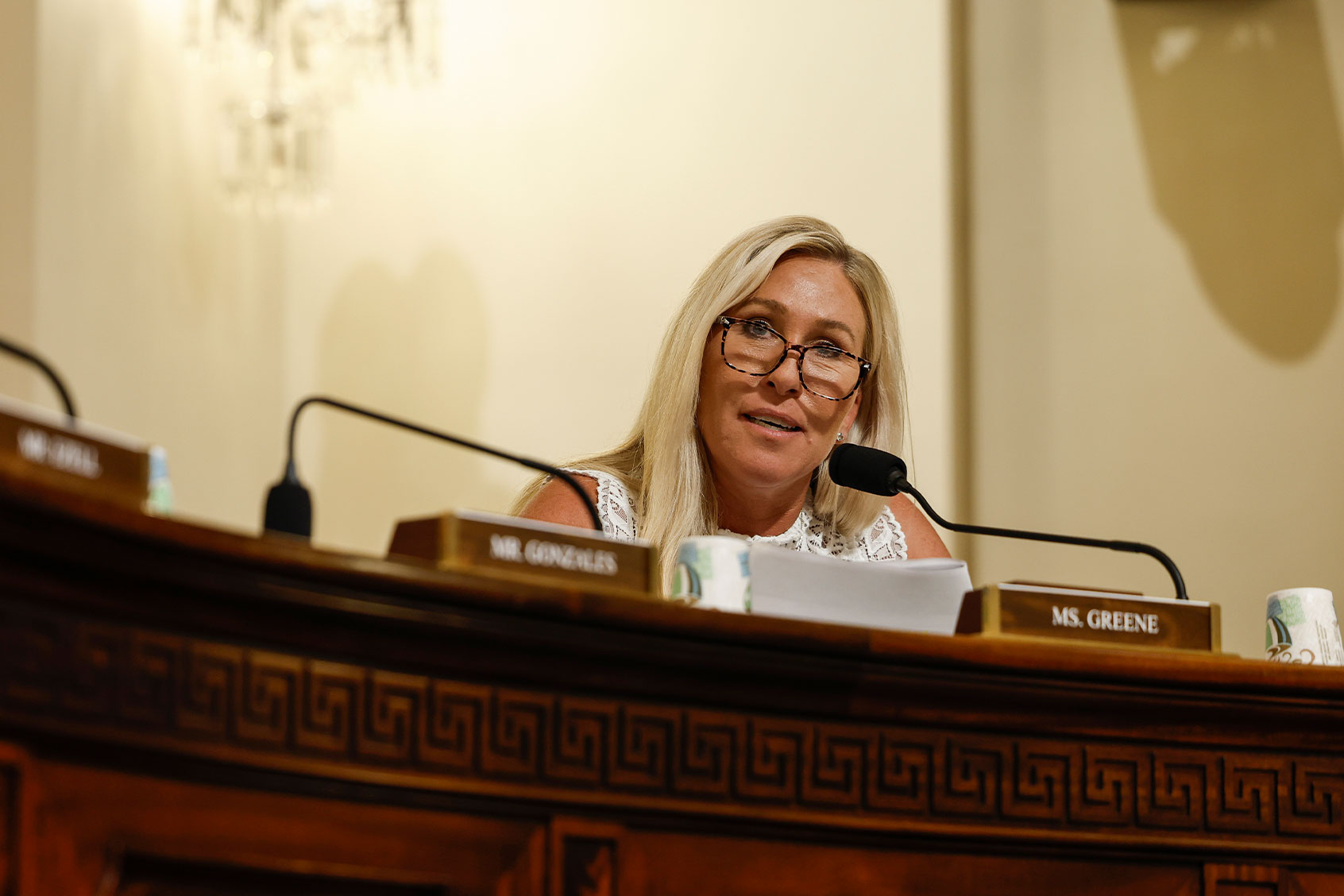 Rep. Marjorie Taylor Greene (R-GA) speaks during a joint Homeland Security subcommittee hearing on Capitol Hill on July 18, 2023 in Washington, DC. (Anna Moneymaker/Getty Images)