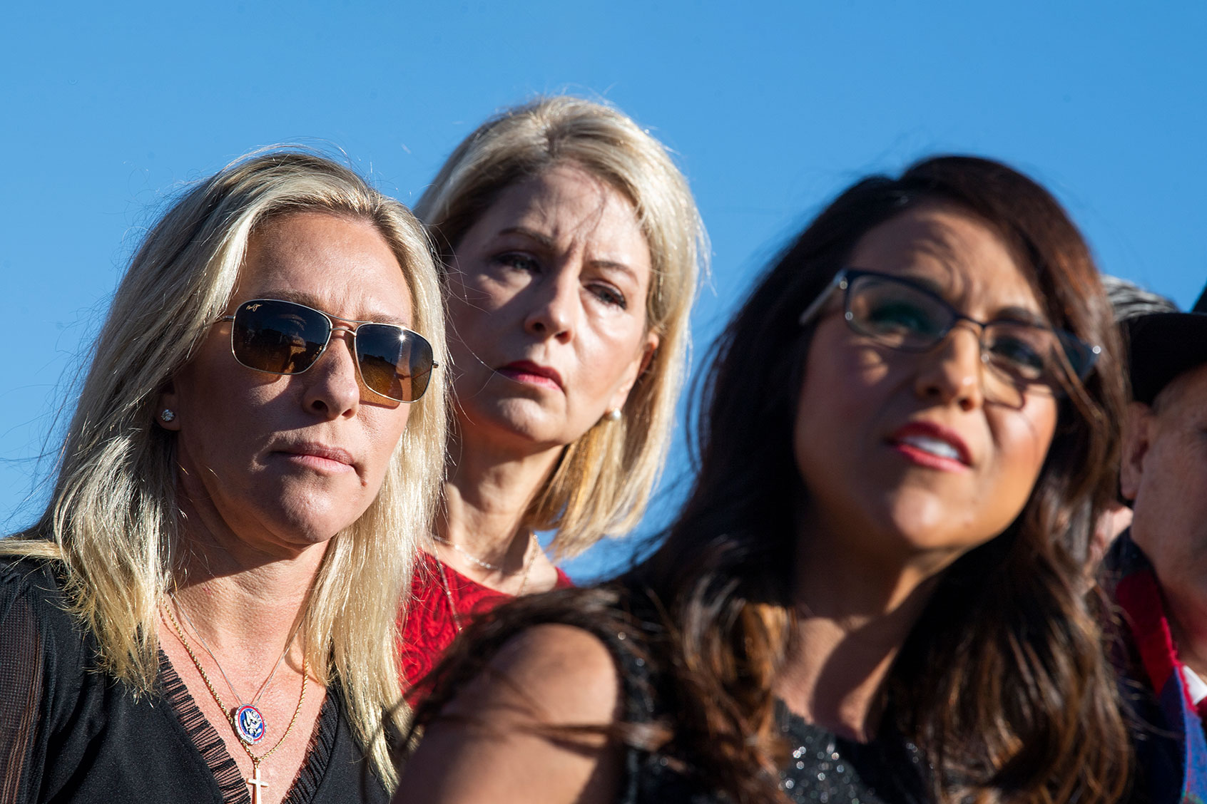 From left, Reps. Marjorie Taylor Greene, R-Ga., Mary Miller, R-Ill., and Lauren Boebert, R-Colo., conduct a news conference with members of the House Freedom Caucus outside the Capitol to oppose the Equality Act, which prohibits discrimination on the basis of sex, gender identity, and sexual orientation, on Thursday February 25, 2021. (Tom Williams/CQ-Roll Call, Inc via Getty Images)