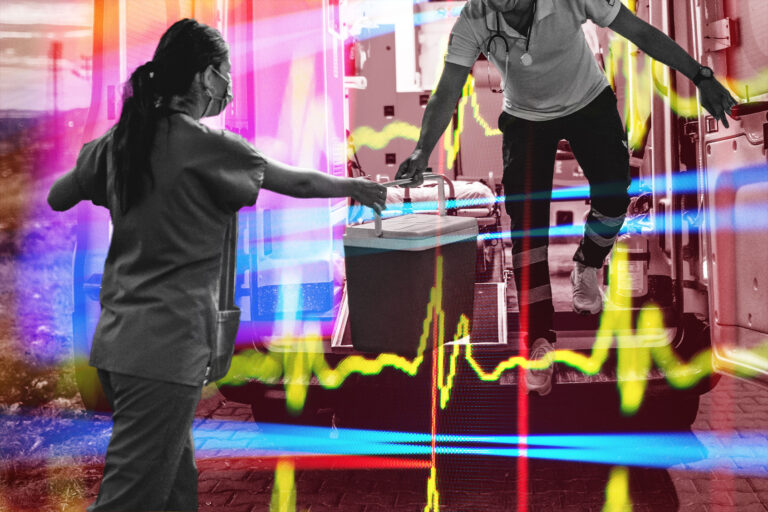 Medical team in a hurry carrying an organ transplants box by ambulance, with heart rate monitor (Photo illustration by Salon/Getty Images)