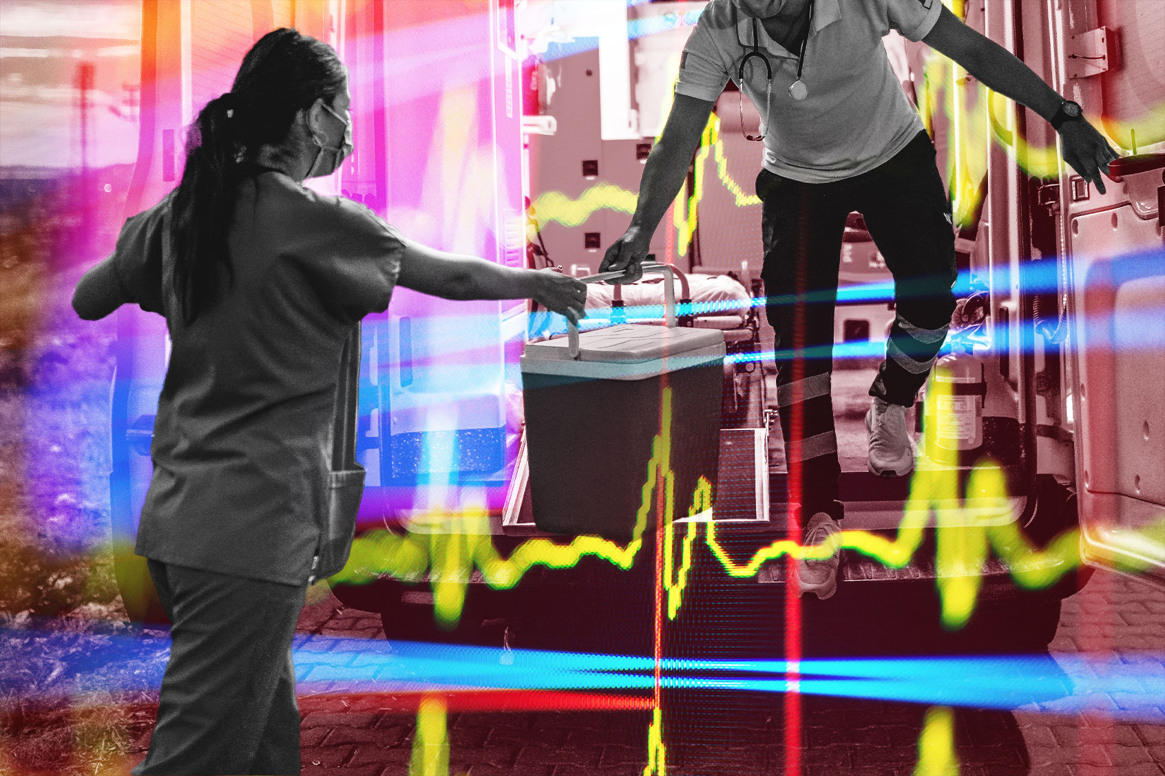 Medical team in a hurry carrying an organ transplants box by ambulance, with heart rate monitor (Photo illustration by Salon/Getty Images)