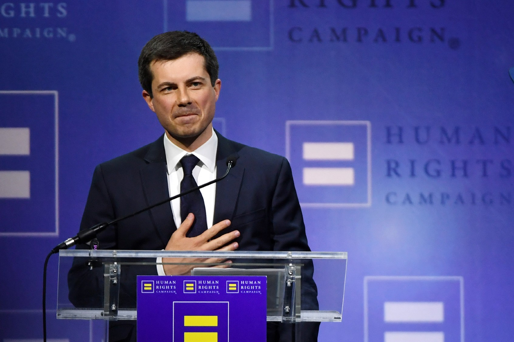 Pete Buttigieg reacts to the crowd after delivering a keynote address at the Human Rights Campaign's (HRC) 14th annual Las Vegas Gala at Caesars Palace on May 11, 2019 in Las Vegas, Nevada. (Ethan Miller/Getty Images)