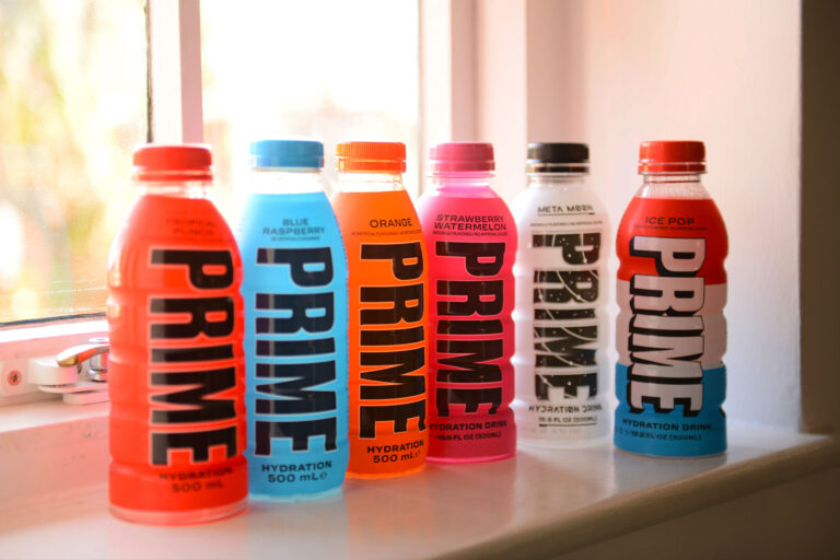 A photo illustration of Prime energy fruit drink sitting on a window sill on February 5,2023 in Kingston Upon Thames, England. (Peter Dazeley/Getty Images)