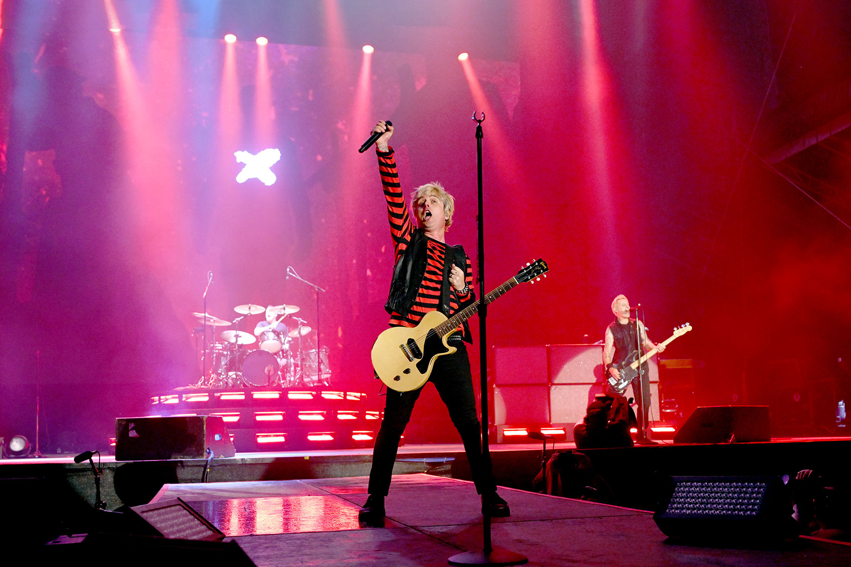 Tré Cool, Billie Joe Armstrong, and Mike Dirnt of Green Day perform onstage during the Harley-Davidson's Homecoming Festival - Day 1 at Veterans Park on July 14, 2023 in Milwaukee, Wisconsin. (Daniel Boczarski/Getty Images for Harley-Davidson)