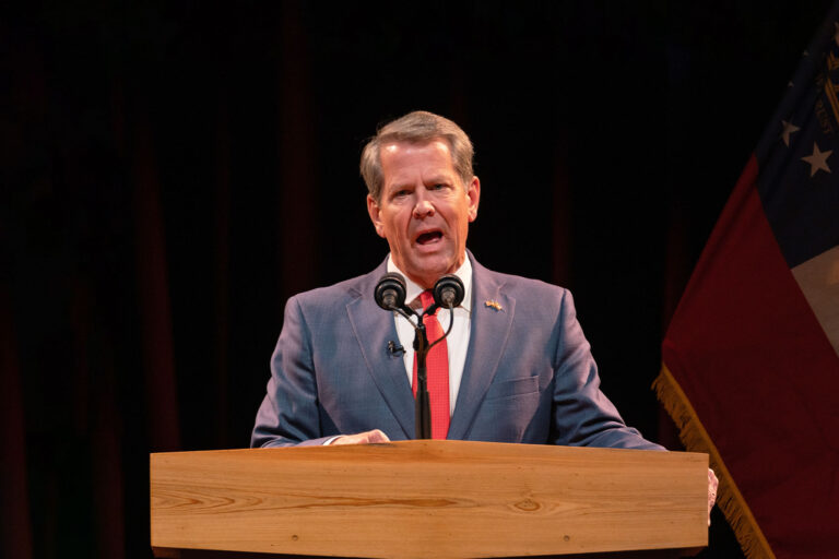 Republican Gov. Brian Kemp addresses supporters at a watch party after winning re-election on election night on November 8, 2022 in Atlanta, Georgia. (Megan Varner/Getty Images)