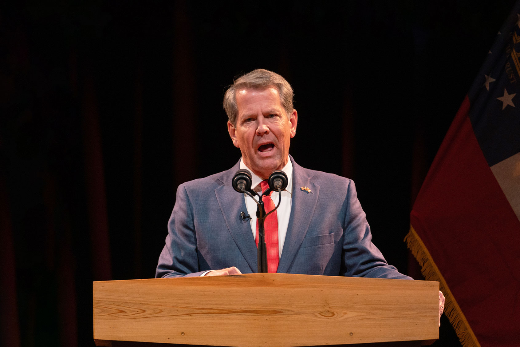 Republican Gov. Brian Kemp addresses supporters at a watch party after winning re-election on election night on November 8, 2022 in Atlanta, Georgia. (Megan Varner/Getty Images)