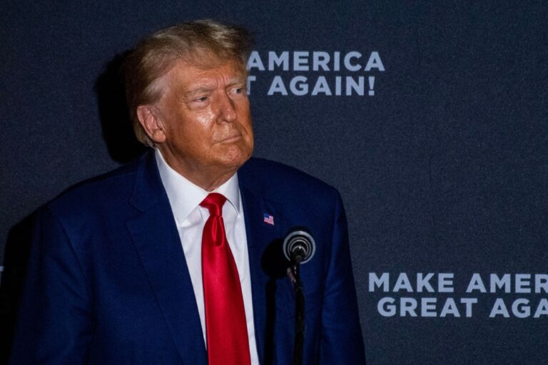 Former U.S. President and 2024 presidential hopeful Donald Trump speaks during a campaign rally at Windham High School in Windham, New Hampshire, on August 8, 2023. (JOSEPH PREZIOSO/AFP via Getty Images)
