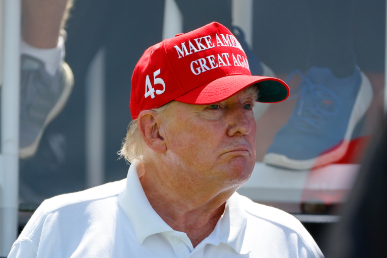 Former President Donald J. Trump at the first tee during the final round of LIV Golf Bedminster on August 13, 2023 at Trump National Golf Club in Bedminster, New Jersey. (Rich Graessle/Icon Sportswire via Getty Images)