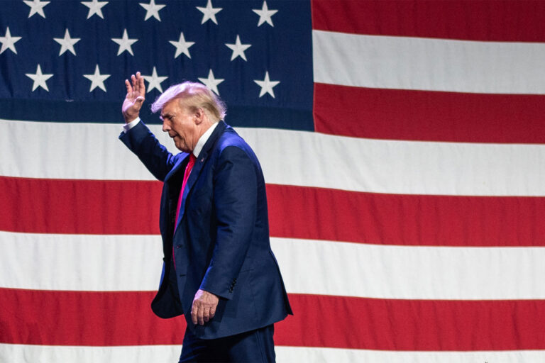 Former US president and 2024 Republican Presidential hopeful Donald Trump leaves after speaking at the Republican Party of Iowa's 2023 Lincoln Dinner at the Iowa Events Center in Des Moines, Iowa, on July 28, 2023. (SERGIO FLORES/AFP via Getty Images)