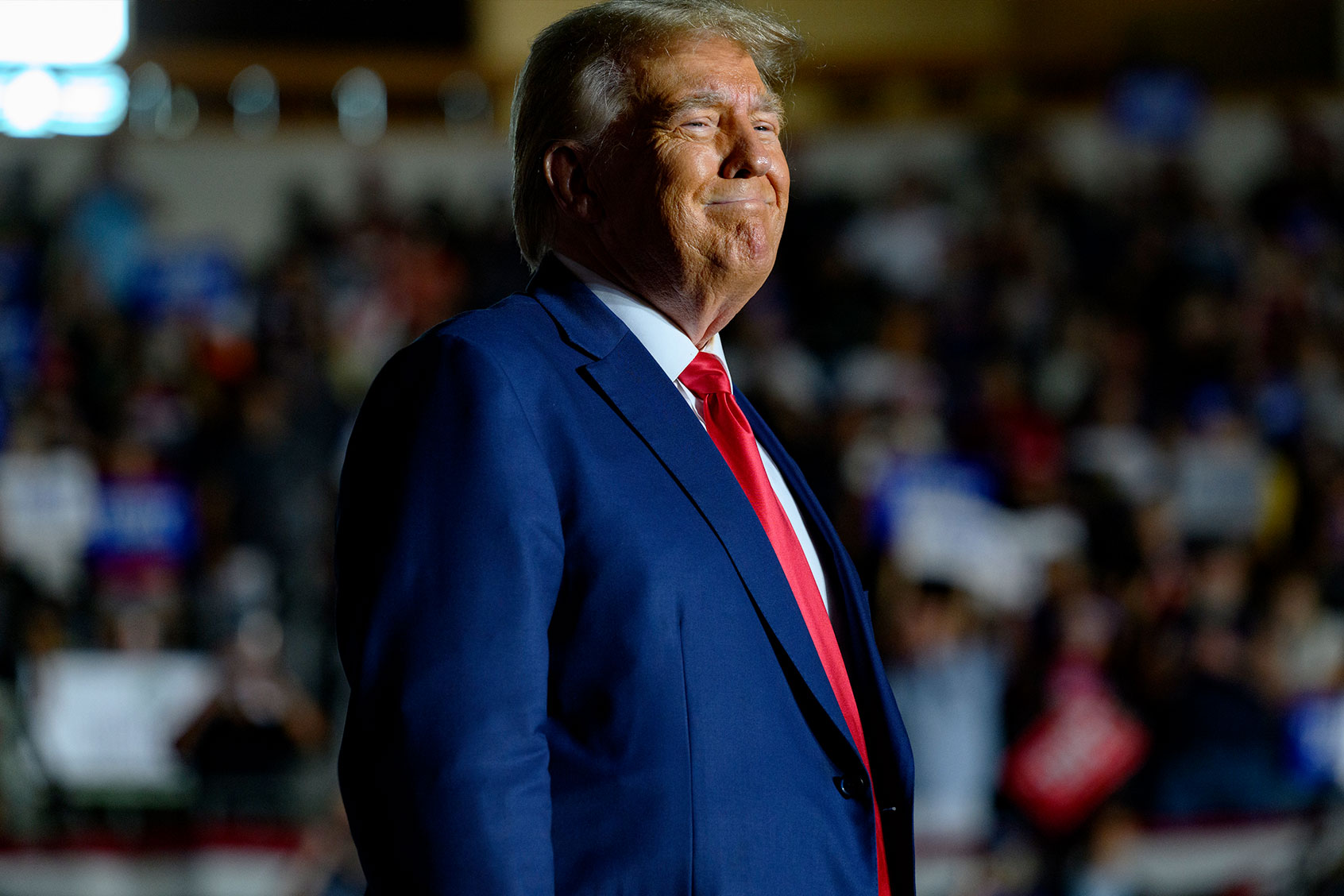 Former U.S. President Donald Trump enters Erie Insurance Arena for a political rally while campaigning for the GOP nomination in the 2024 election on July 29, 2023 in Erie, Pennsylvania. (Jeff Swensen/Getty Images)