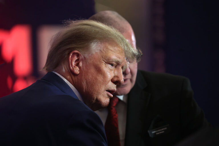 Republican presidential candidate former President Donald Trump greets guests at the Republican Party of Iowa 2023 Lincoln Dinner on July 28, 2023 in Des Moines, Iowa. (Scott Olson/Getty Images)